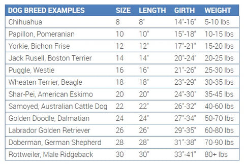RC Pet Products Nimbus Jacket Sizing Chart