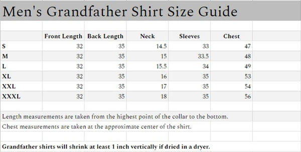 This chart shows the measurements in inches for Civilian's Irish Grandfather shirts