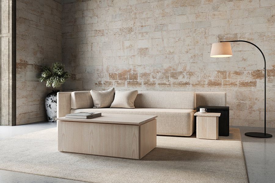minimalist furniture - coffee table, end tables, and sofa