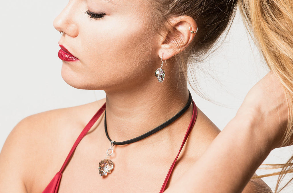 Urban boho choker with Swarovski skull and skull earrings