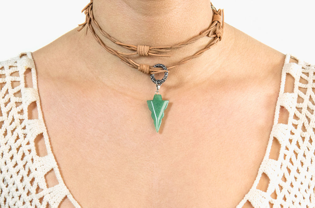 Modern hippy chic in this barbed leather and jade arrow boho necklace
