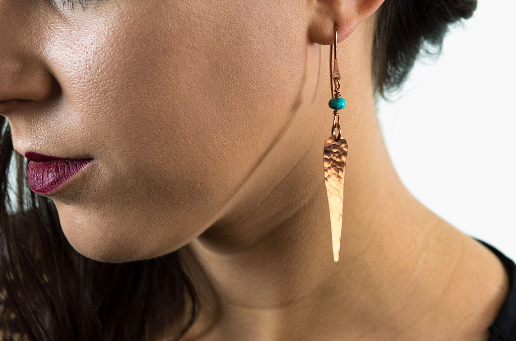 Designer copper boho earrings with Arizona turquoise