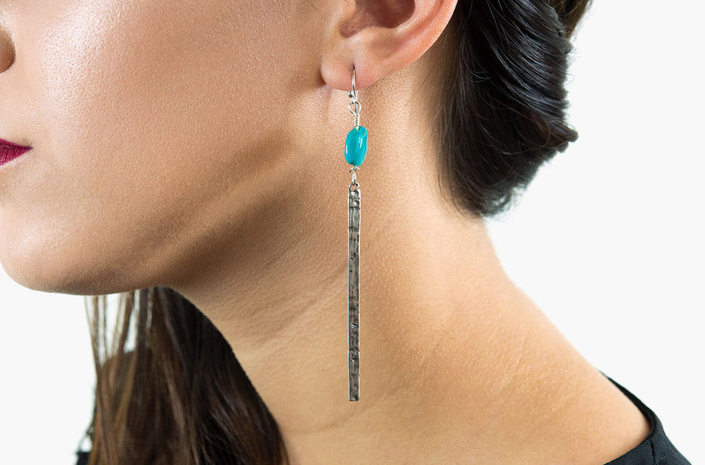Artisan silver bar and turquoise nugget handmade earrings