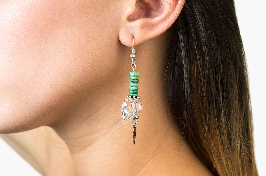 Clear crystal tribal look Swarovski skull with turquoise rondelles and silver arrow earrings
