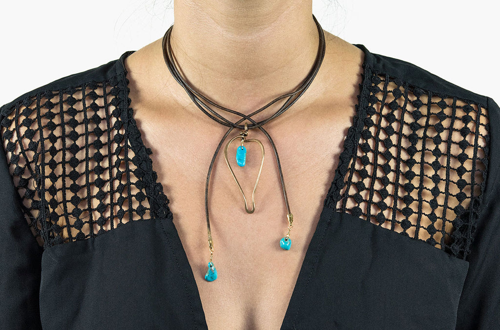 Artisan urban boho statement necklace - leather wrap with artisan tear and turquoise pendant