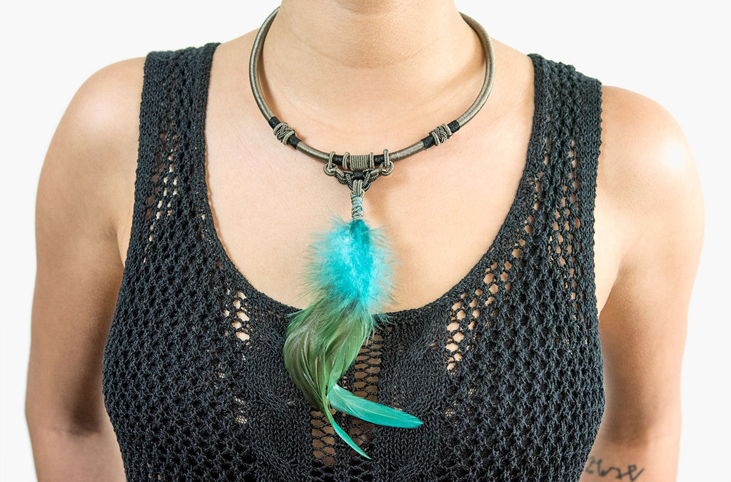 Festival jewellery boho style - macrame woven necklace with azure feather
