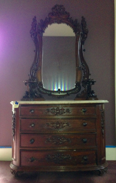 Antique Victorian Crotch Mahogany White Marble Top Chest Of Drawers