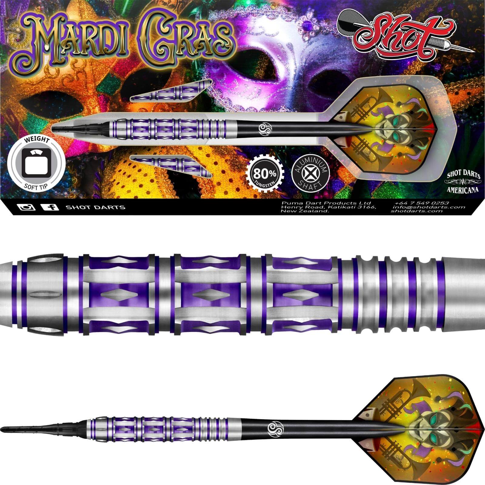 Darts - Shot - Americana Mardi Gras Darts - Soft Tip - 80% Tungsten - 18g 