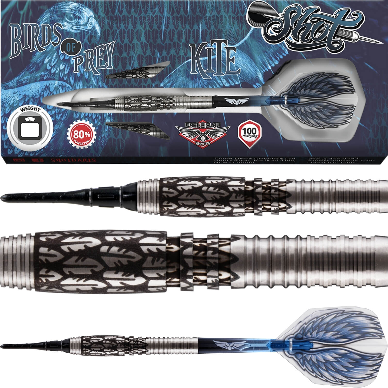 Darts - Shot - Birds of Prey Kite Darts - Soft Tip - 80% Tungsten - 18g 20g 