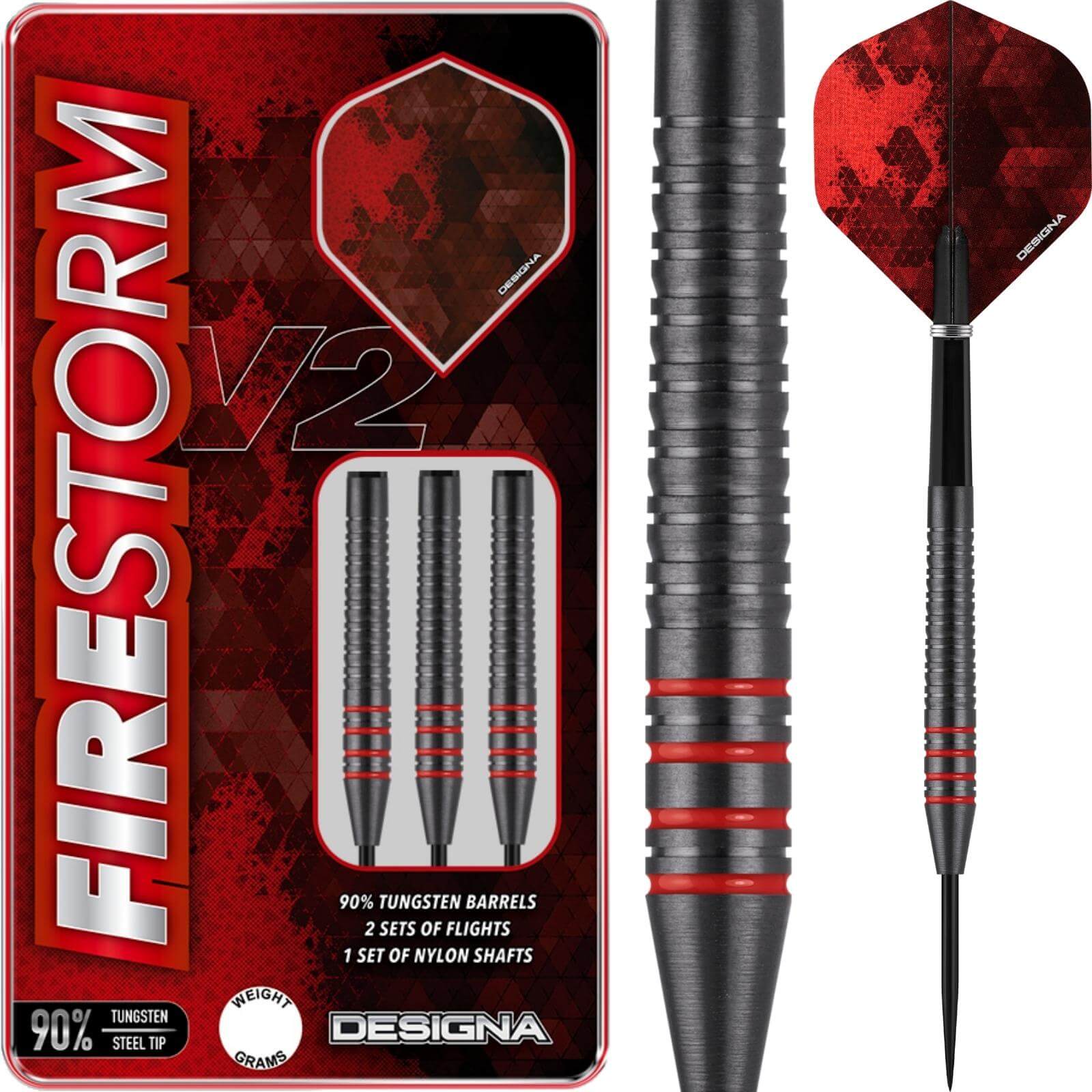 Darts - Designa - Firestorm V2 Ringed Darts - Steel Tip - 90% Tungsten - 22g 24g 