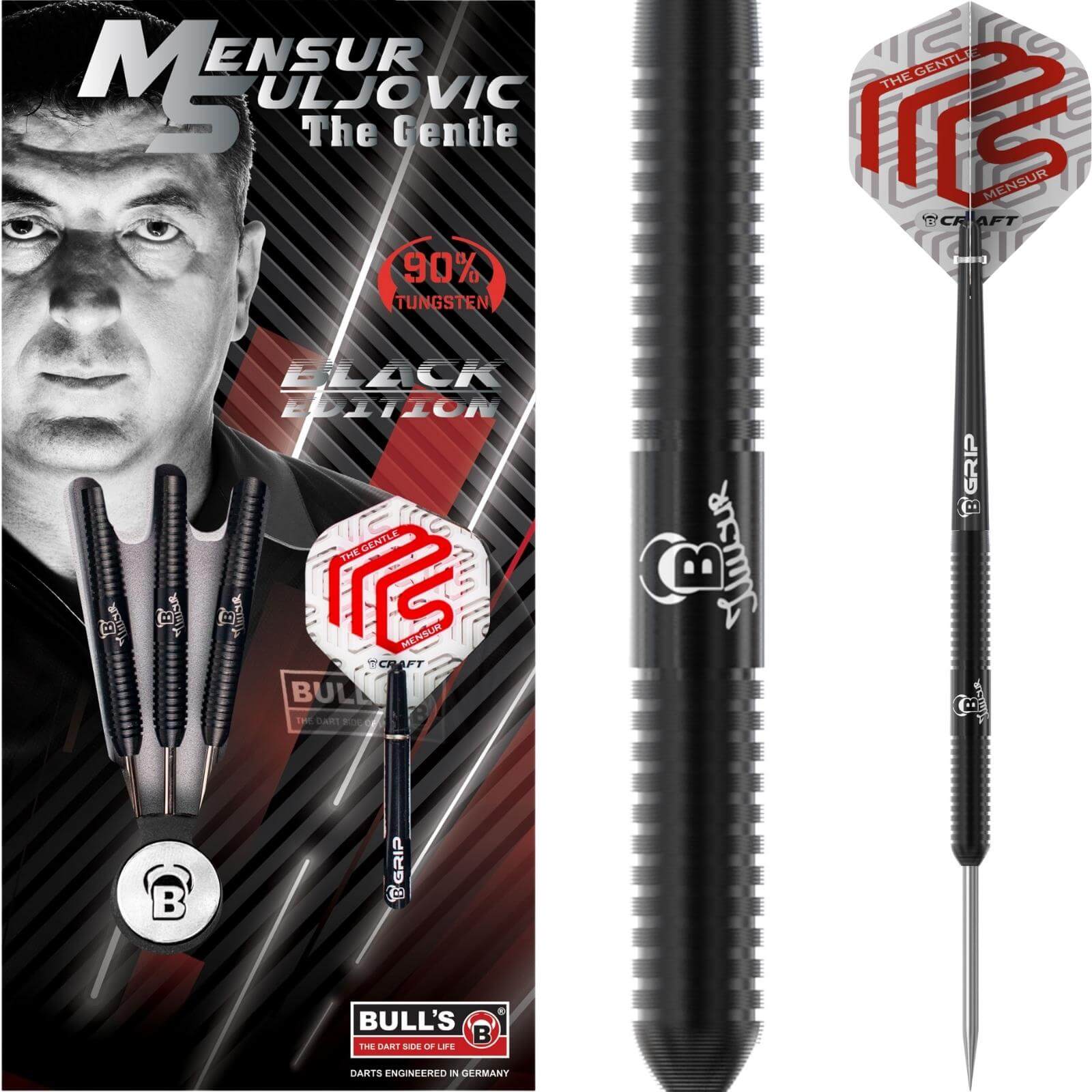 Darts - BULL'S - Mensur Suljovic Black Darts - Steel Tip - 90% Tungsten - 21g 23g 25g 