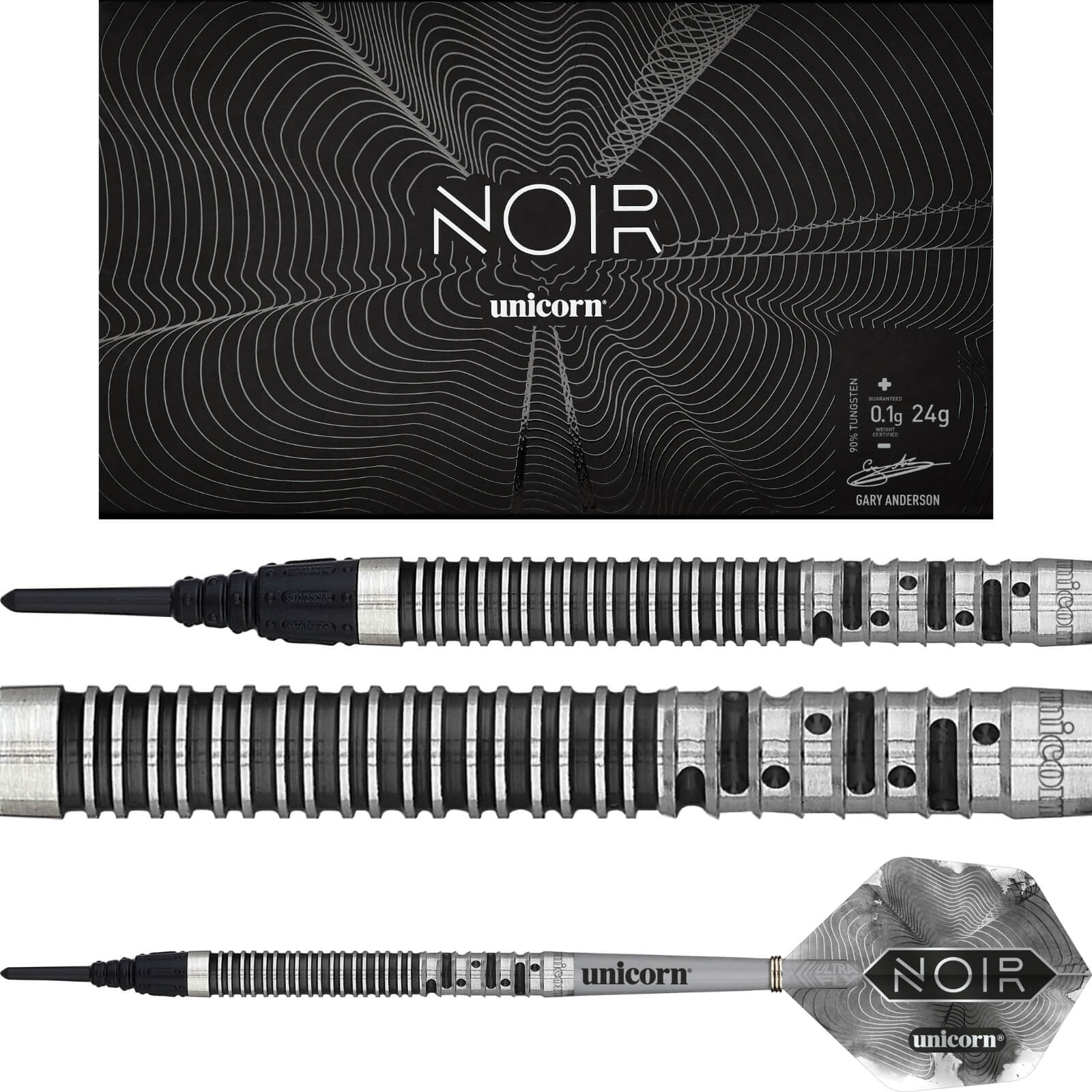 Darts - Unicorn - Gary Anderson Noir Phase 5 Darts - Soft Tip - 90% Tungsten - 18g 20g 
