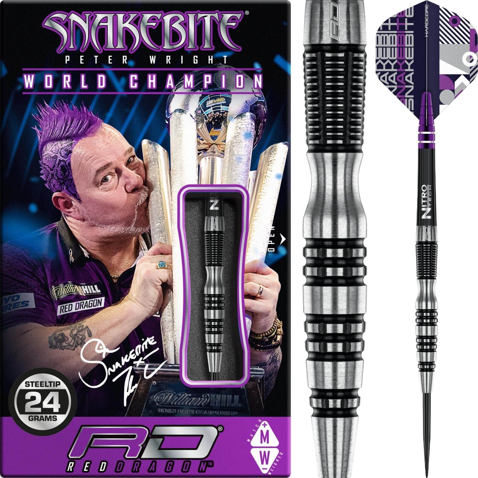 Darts - Red Dragon - Peter Wright Black Racer Darts - Steel Tip - 90% Tungsten - 22g 24g 