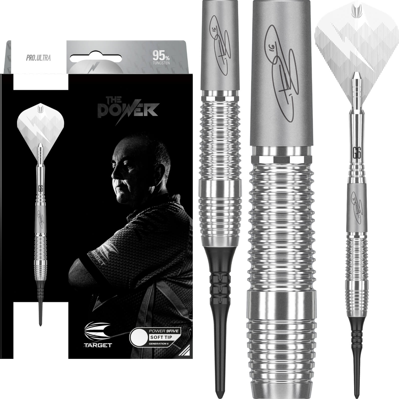 Darts - Target - Phil Taylor Power 9FIVE Gen 6 Darts - Soft Tip - 95% Tungsten - 18g 20g 