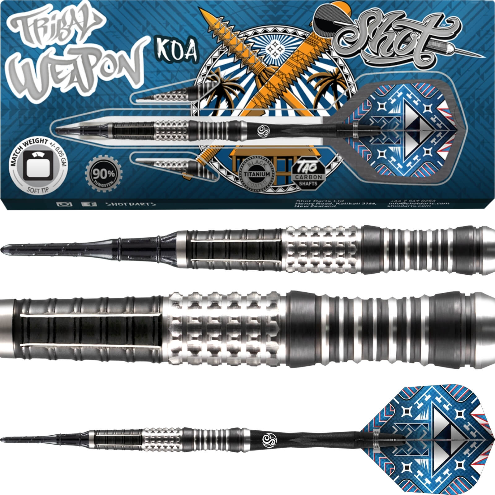 Darts - Shot - Tribal Weapon Koa Darts - Soft Tip - 90% Tungsten - 18g 20g 
