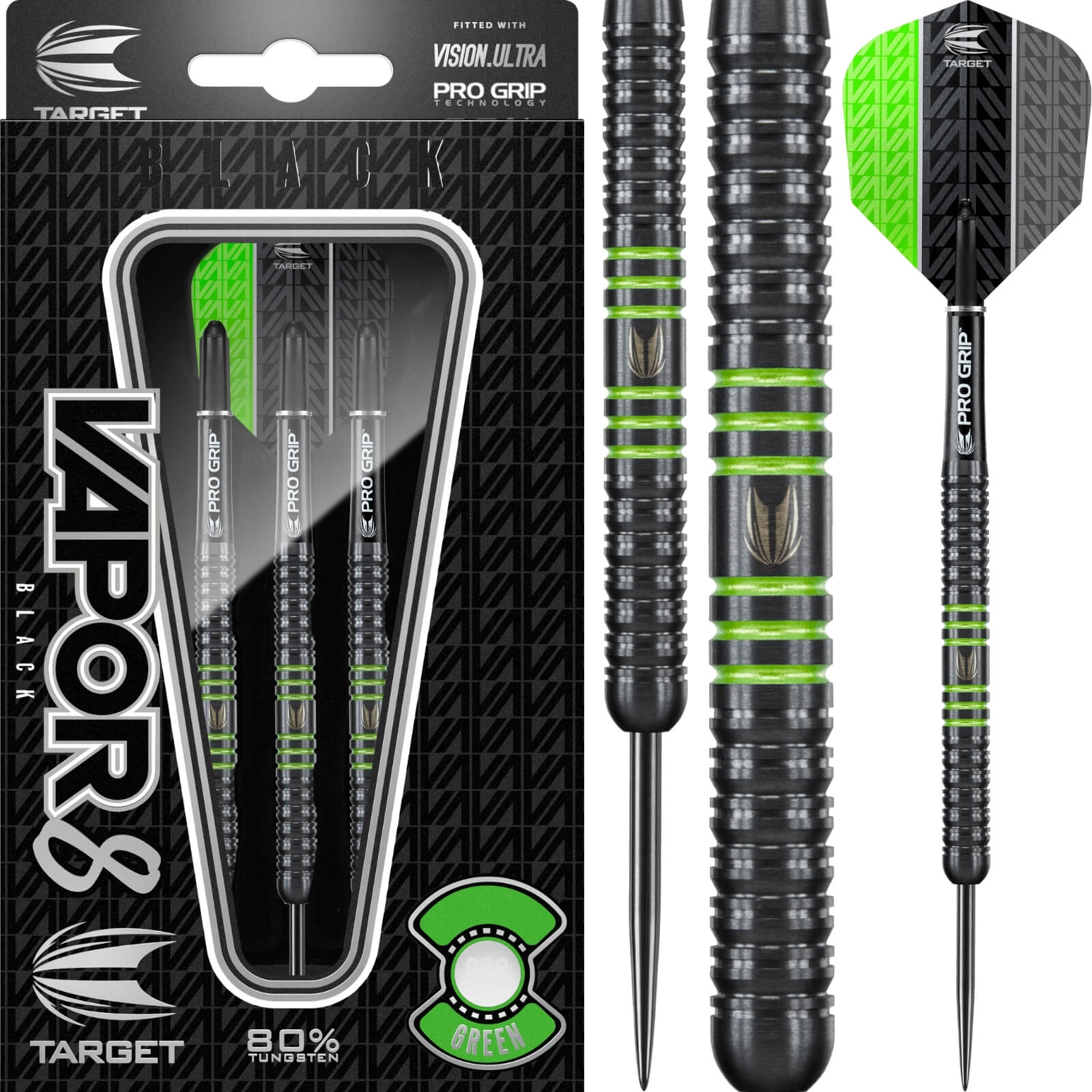 Darts - Target - Vapor 8 Black & Green Darts - Steel Tip - 80% Tungsten - 21g 23g 