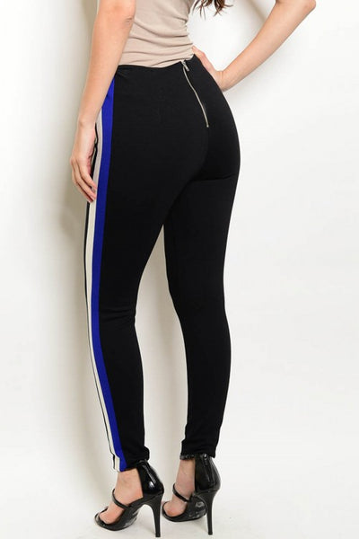 black pants with blue stripe