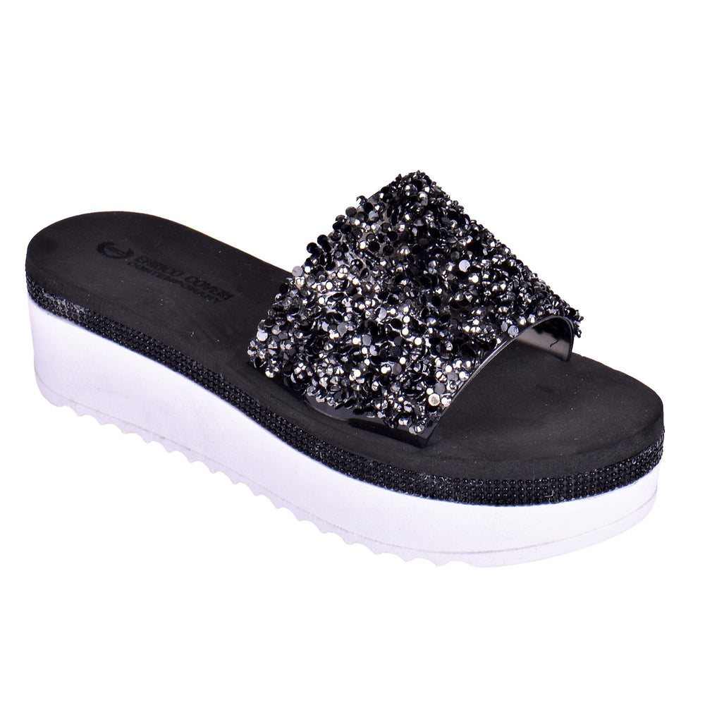 Enrico Coveri Women Rlysa Sequin Rhinestones Italian Fashion Slip ON Sandals Black White