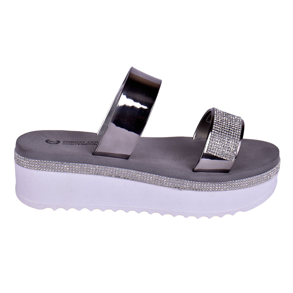 Enrico Coveri Women Mary Glitter Italian Fashion Rhinestones open toe slip on Sandals Black Nickel