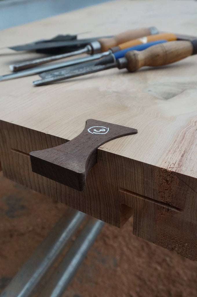 Wood Workshop Bench Butterfly Key. Fine bespoke craft from sustainably managed & sourced English woods, Gloucestershire. The Fine Wooden Article Co. UK