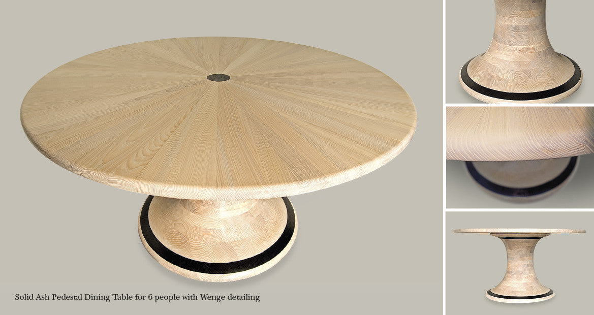 Solid Ash Pedestal Round Dining Table with Wenge Detailing (6 people). Design by The Fine Wooden Article Company Gloucestershire, UK.