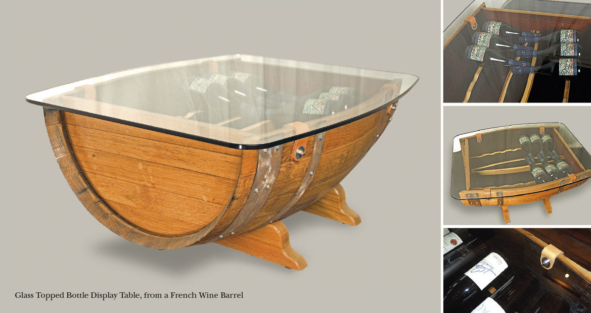 Glass top Display/ coffee Table from Red wine Oak Barrel. Design by The Fine Wooden Article Company, Gloucestershire, UK.
