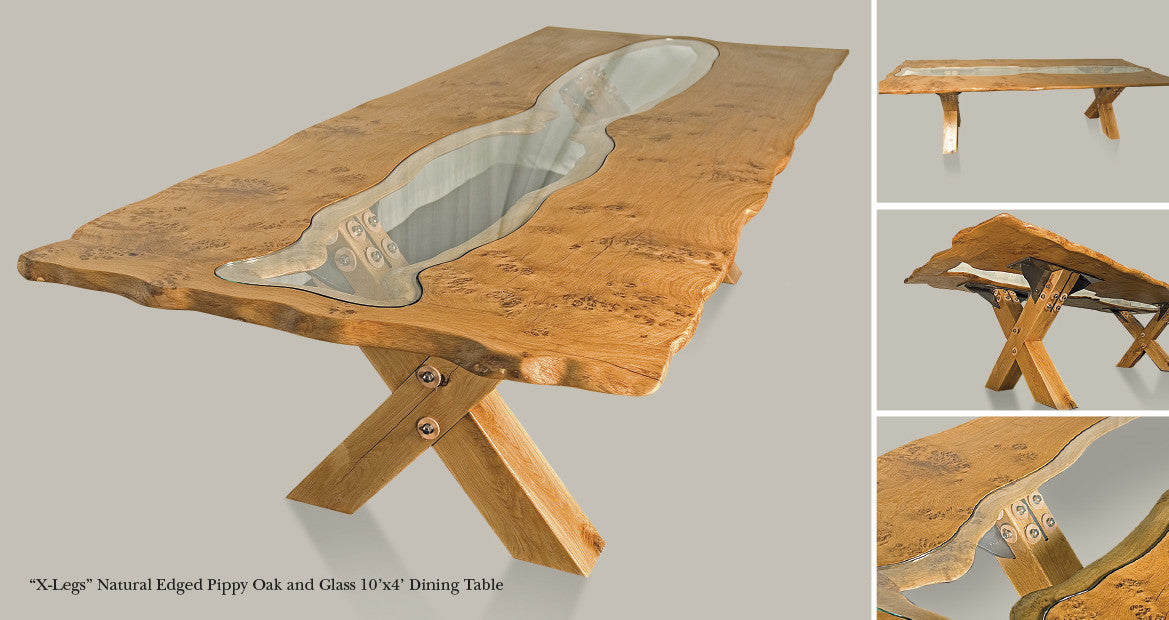 'X-Leg' Natural Edged Pippy Oak & Glass Dining Table Designed by The Fine Wooden Article Company., Gloucestershire, UK