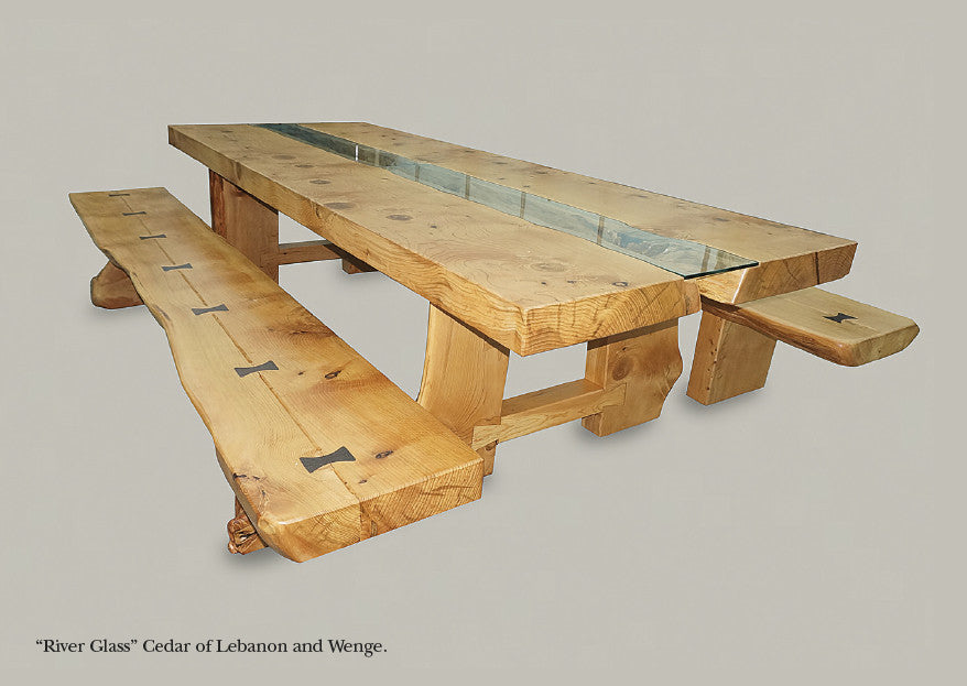 Quality Cedar of Lebanon Banquet Table with Dovetail jointed Legs & feature Butterfly key Benches. Designed & hand crafted in our Gloucestershire workshop, UK. The Fine Wooden Article Company.