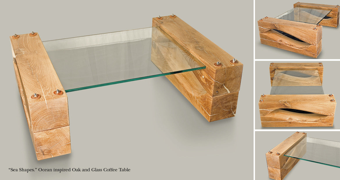 ‘Sea Shapes’ Solid Oak & Glass Coffee Table designed & handcrafted from sustainable wood by The Fine Wooden Article Company, Gloucestershire, UK.