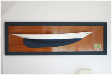 Yachts scaled Half Model on Mahogany backboard with brass plaque. Design & Hand Craft by The Fine Wooden Article Company, sustainable English hardwoods Gloucestershire, UK.