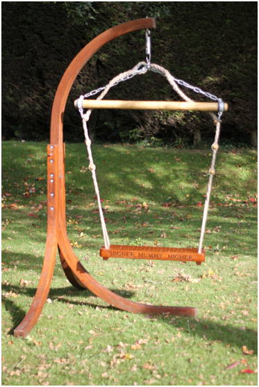 Child Solid Oak Swing seat, free standing bespoke, Engraved ‘Higher Mummy Higher’.  Designed by The Fine Wooden Article Co., Gloucestershire, UK