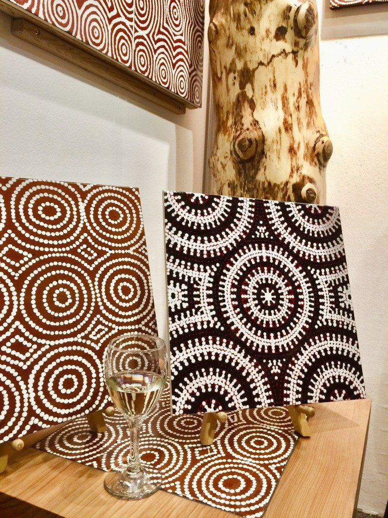 Cedar of Lebanon & Australian Aboriginal Art Ceramic Tile My Country Emu Dreaming, Bush Onion 1 & Bush Onion 2 by Bay Gallery Home, with steel hair pin legs. The Fine Wooden Article Co., Gloucestershire, UK.