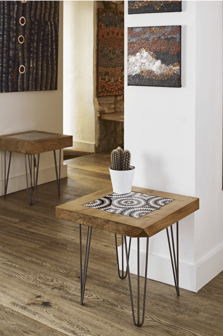 Cedar of Lebanon & Australian Aboriginal Art Ceramic Tile My Country Emu Dreaming, Bush Onion 1 & Bush Onion 2 by Bay Gallery Home, with steel hair pin legs. The Fine Wooden Article Co., Gloucestershire, UK.