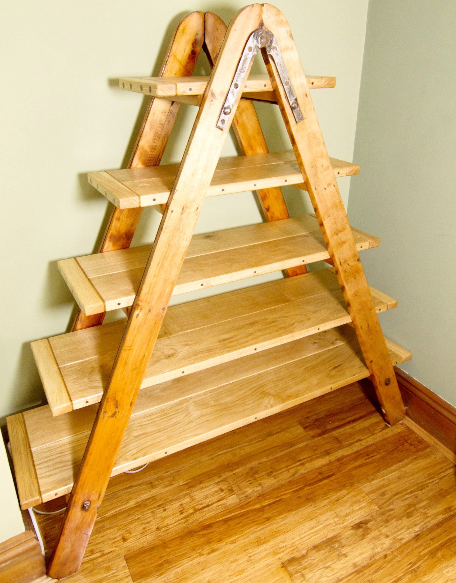 Vintage Ash & Oak trestle step bookshelf, with Walnut designed & crafted by The Fine Wooden Article Company, Gloucestershire, UK.