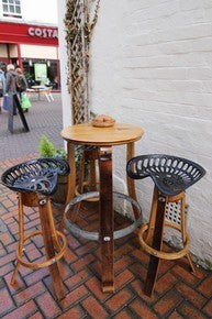 Café Table & Bar Stool set, from vintage genuine Oak Barrel & vintage Tractor Seat. The Fine Wooden Article Company Gloucestershire, Uk.