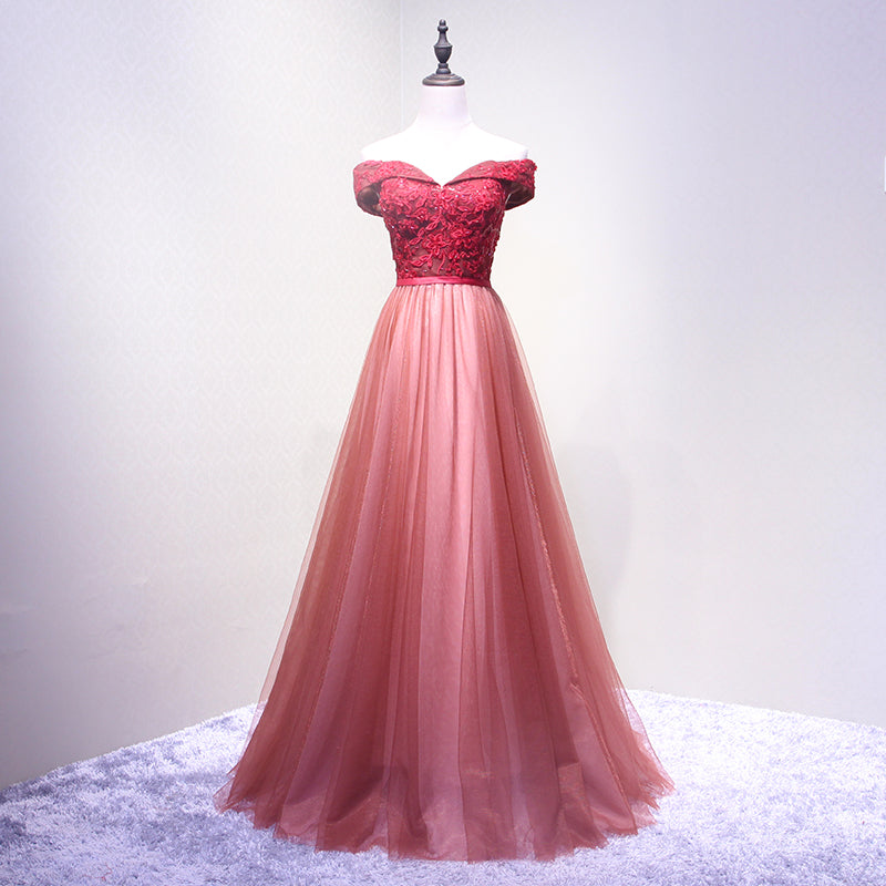 pink off shoulder prom dress