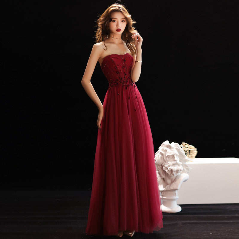 red embroidered prom dress