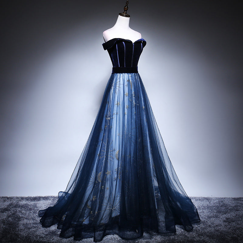 off shoulder midnight tulle prom dress