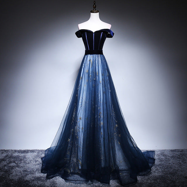 Off Shoulder Midnight Tulle Prom Dress 