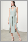 Keyhole Tie Belt Double Split Midi Dress - Sage Green