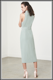 Keyhole Tie Belt Double Split Midi Dress - Sage Green