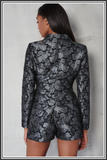 Brocade Longline Fitted Blazer - Black / Silver