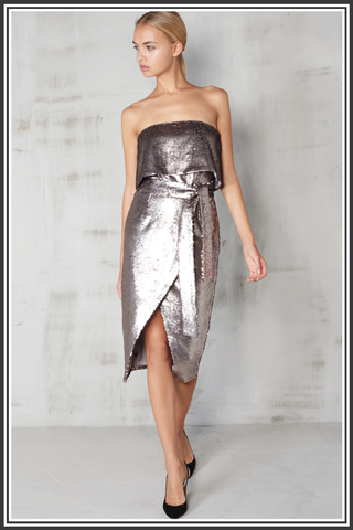 Sequin Bandeau Cropped Dress - Silver