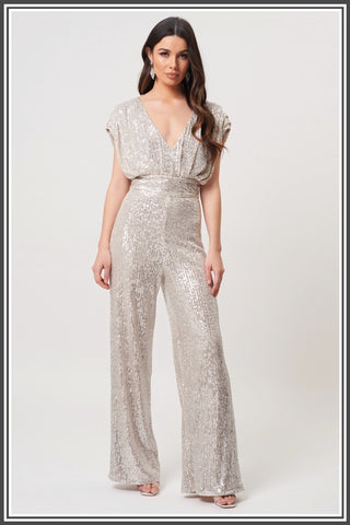 Forever Unique Malika Jumpsuit in Silver Sequin