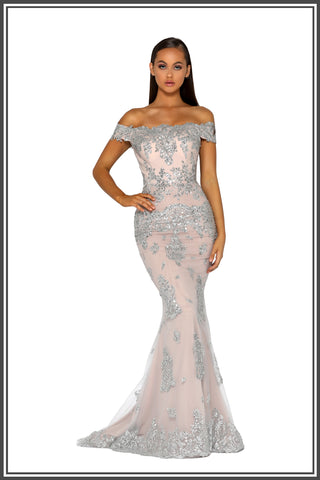Portia and Scarlett Christy Gown in Silver / Nude
