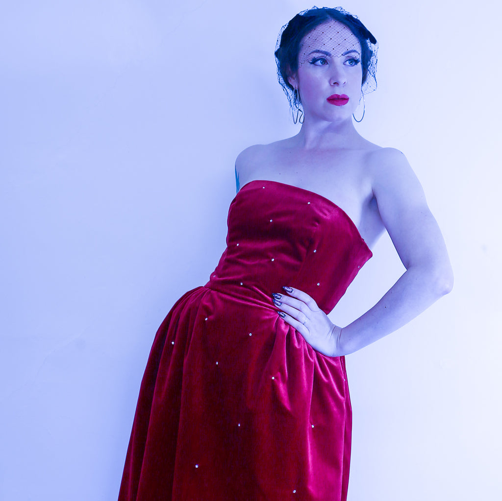 red velvet cocktail dress by Alexandra King