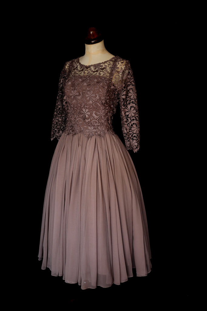 taupe lace chiffon 1950s style dress by alexandra king