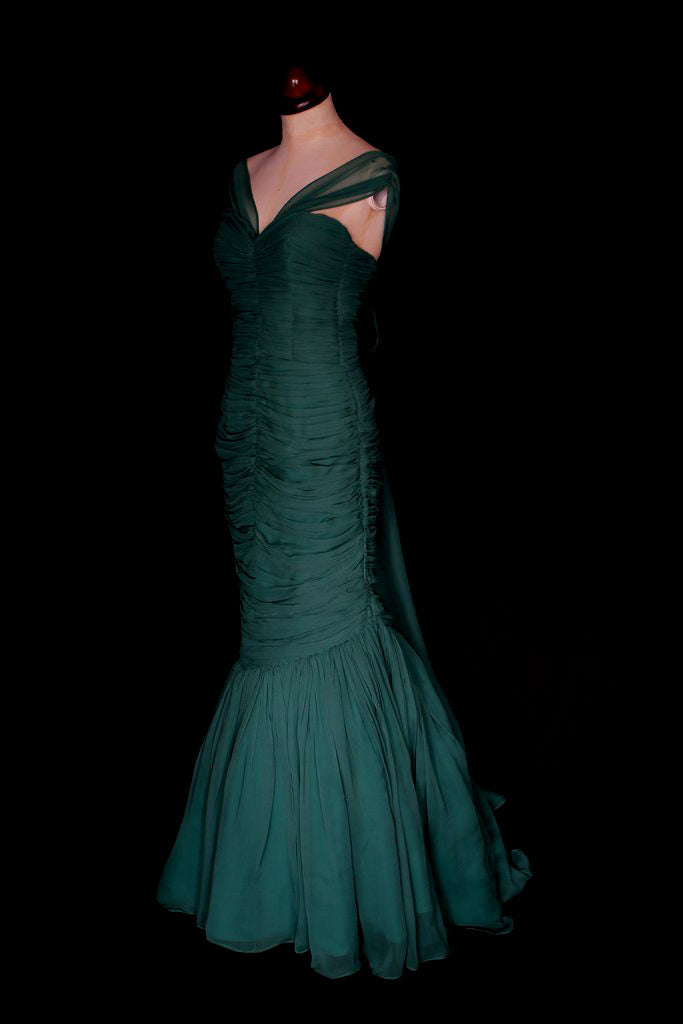 Green silk hourglass couture wedding dress by Alexandra King 