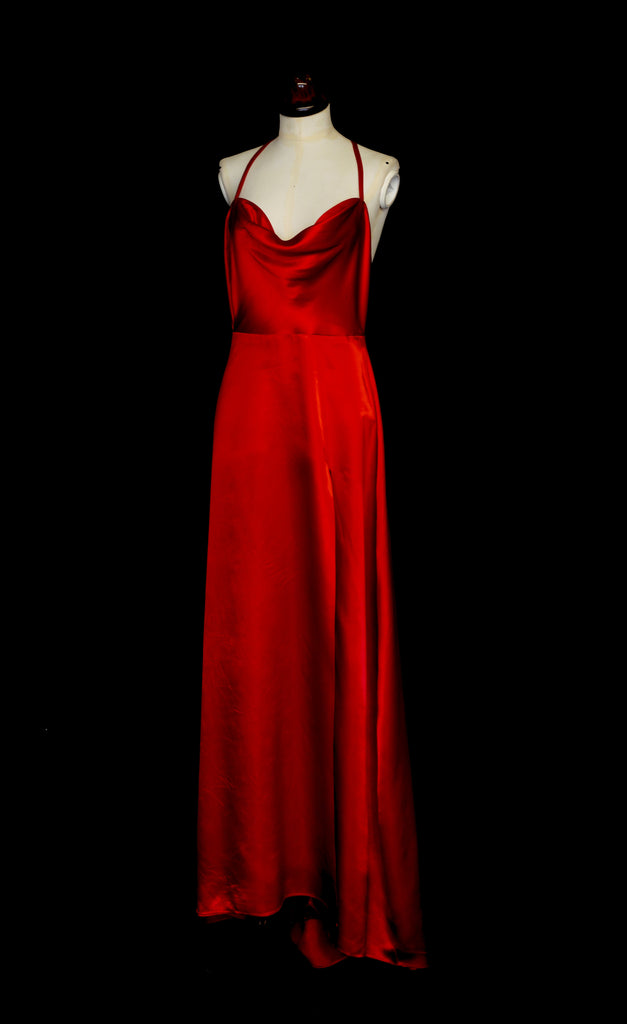 red satin old hollywood gown