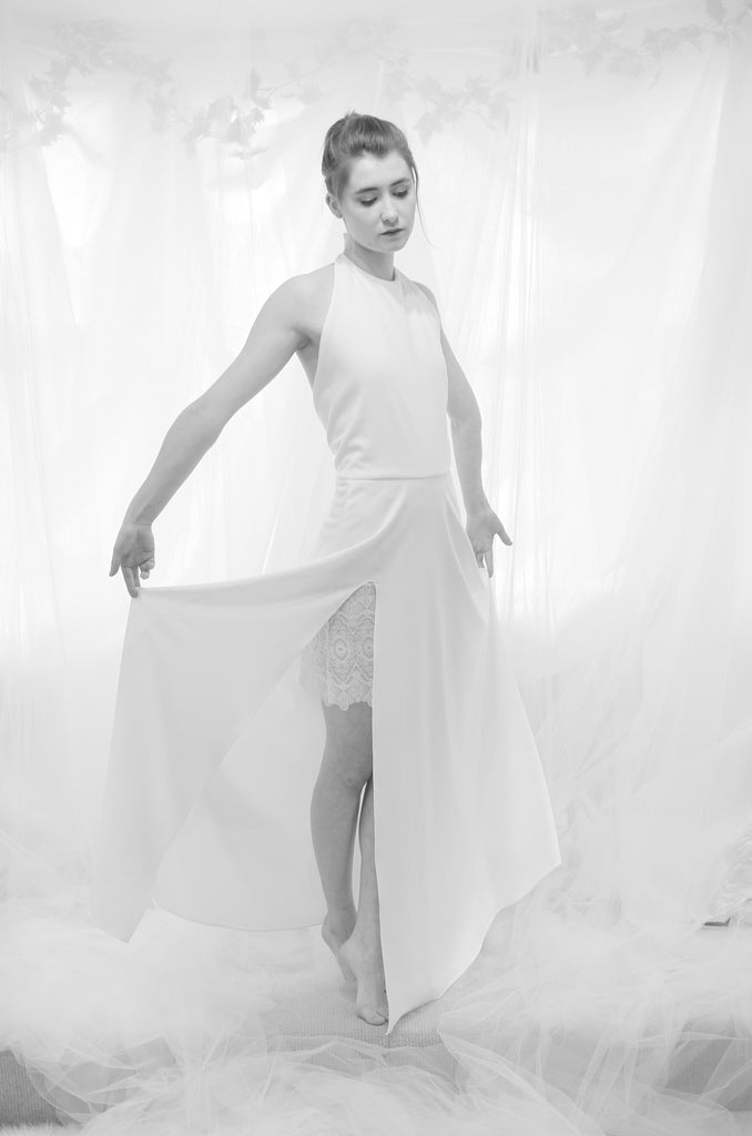 bespoke white maxi dress by designer alexandra king 